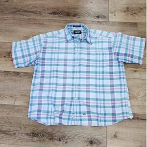 Dockers VTG  Plaid Short Sleeve Shirt Men's Size Lg White Green Pink Blue Flaw